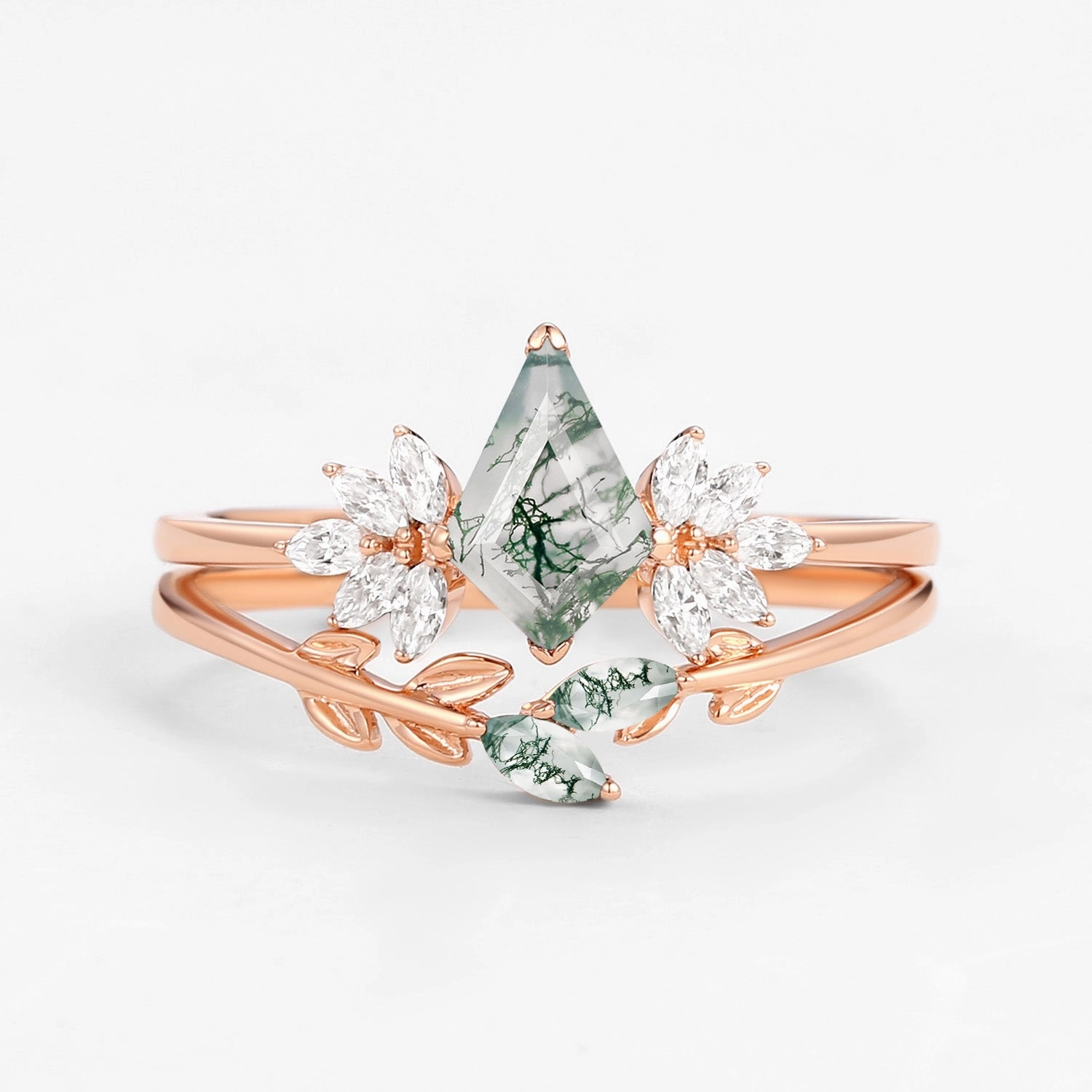 Sharp Silhouette Elegant Embellishments Fairy Ring - Moss Agate Leafy Forest Elves Engagement Ring Set 2pcs - Amayah