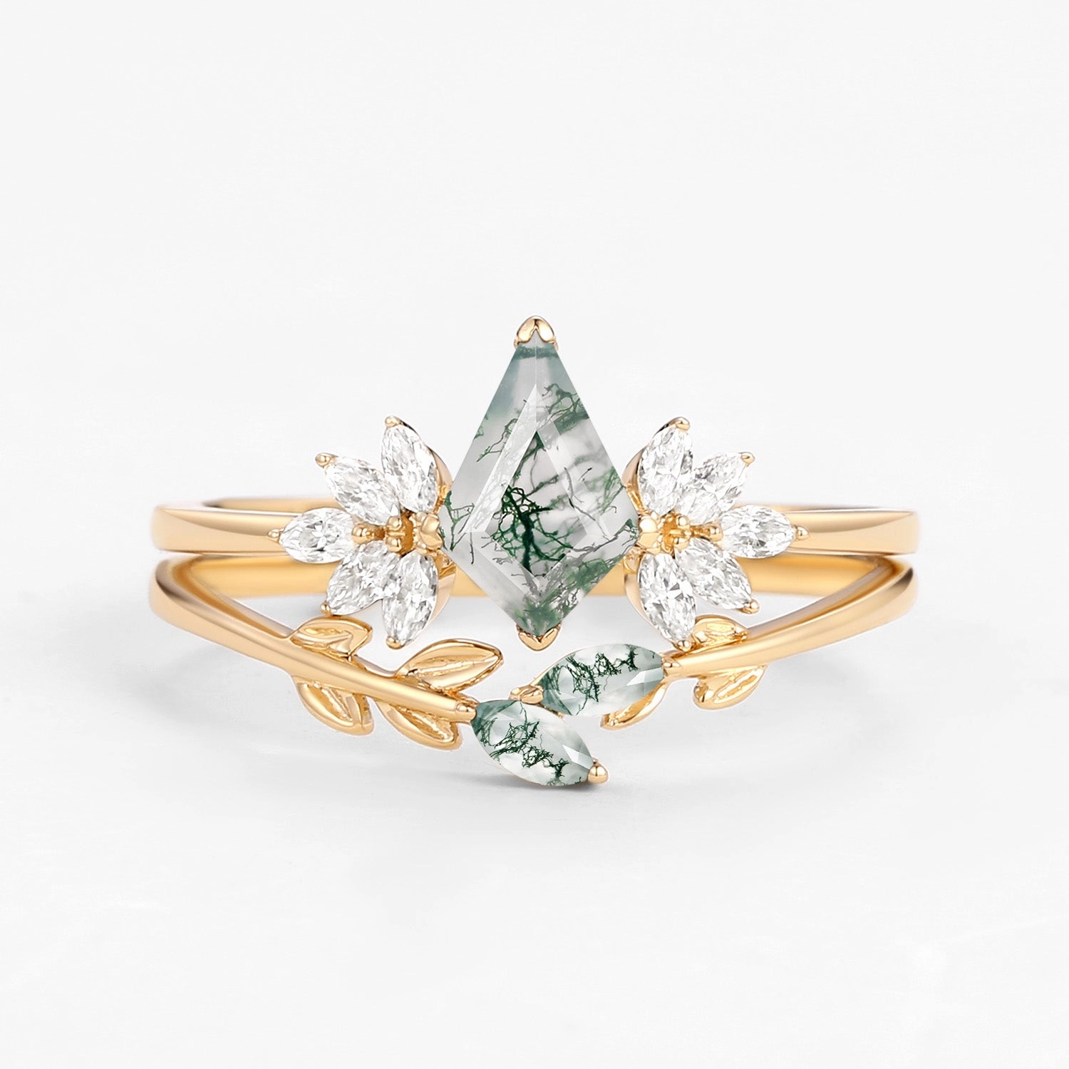 Laminated Layer Fairy Ring - Moss Agate Leafy Forest Elves Engagement Ring Set 2pcs - Amayah