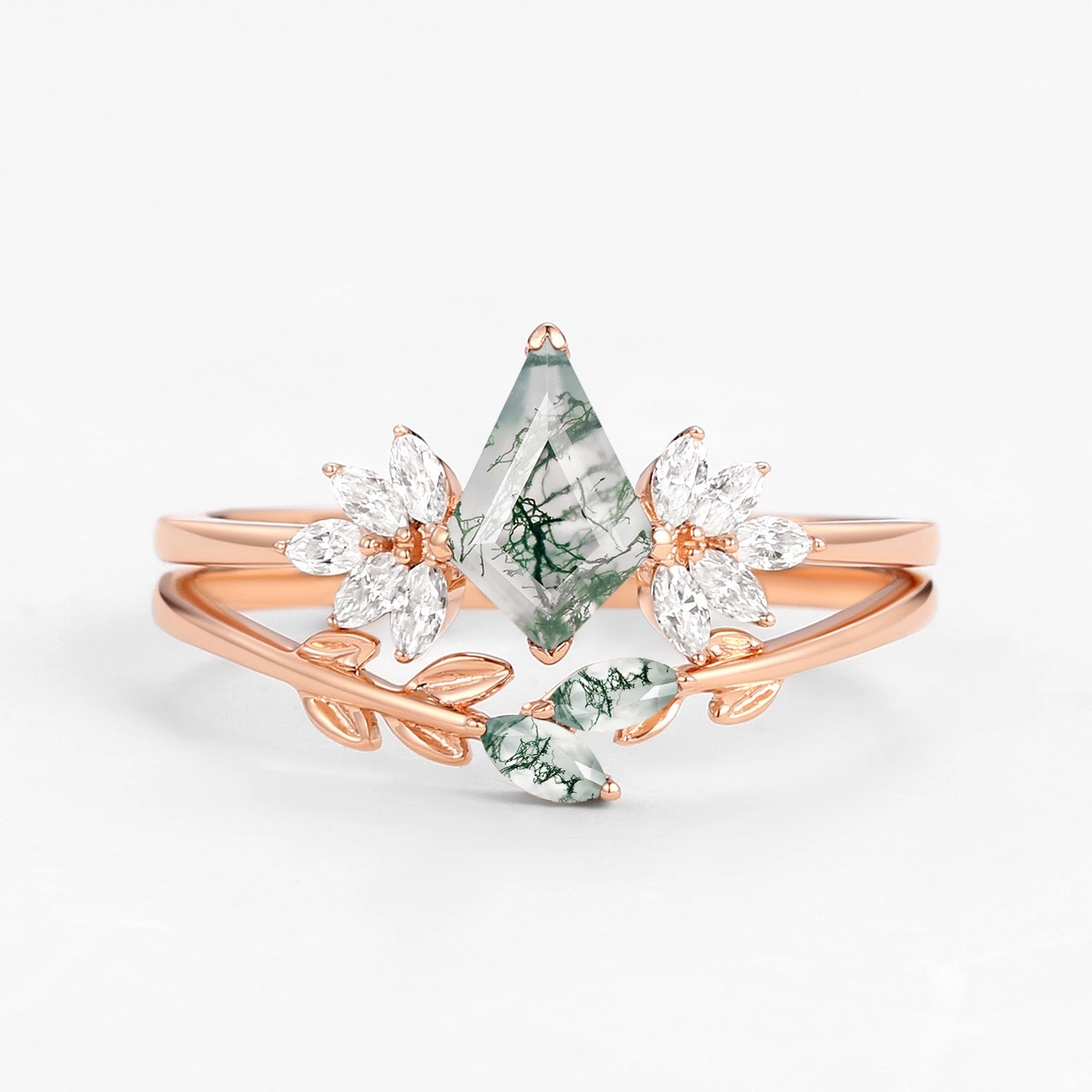 Fairy Ring - Moss Agate Leafy Forest Elves Engagement Ring Set 2pcs - Amayah Cultural Accent
