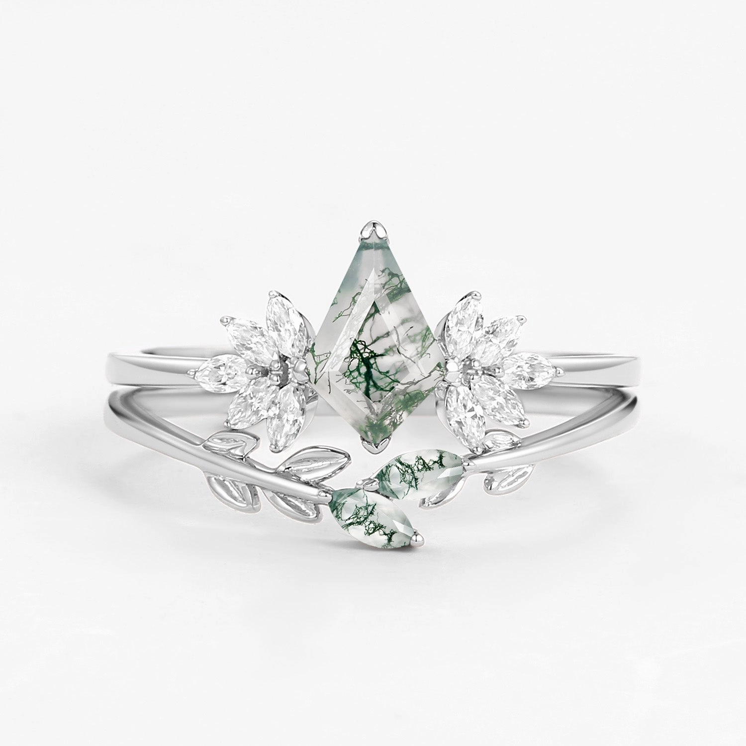 Fairy Ring - Moss Agate Leafy Forest Elves Engagement Ring Set 2pcs - Amayah Winter Look Bold Symbol