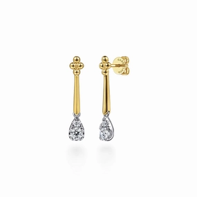 Structured Accent 14K White and Yellow Gold Bujukan and Diamond Teardrop Stud Drop Earrings