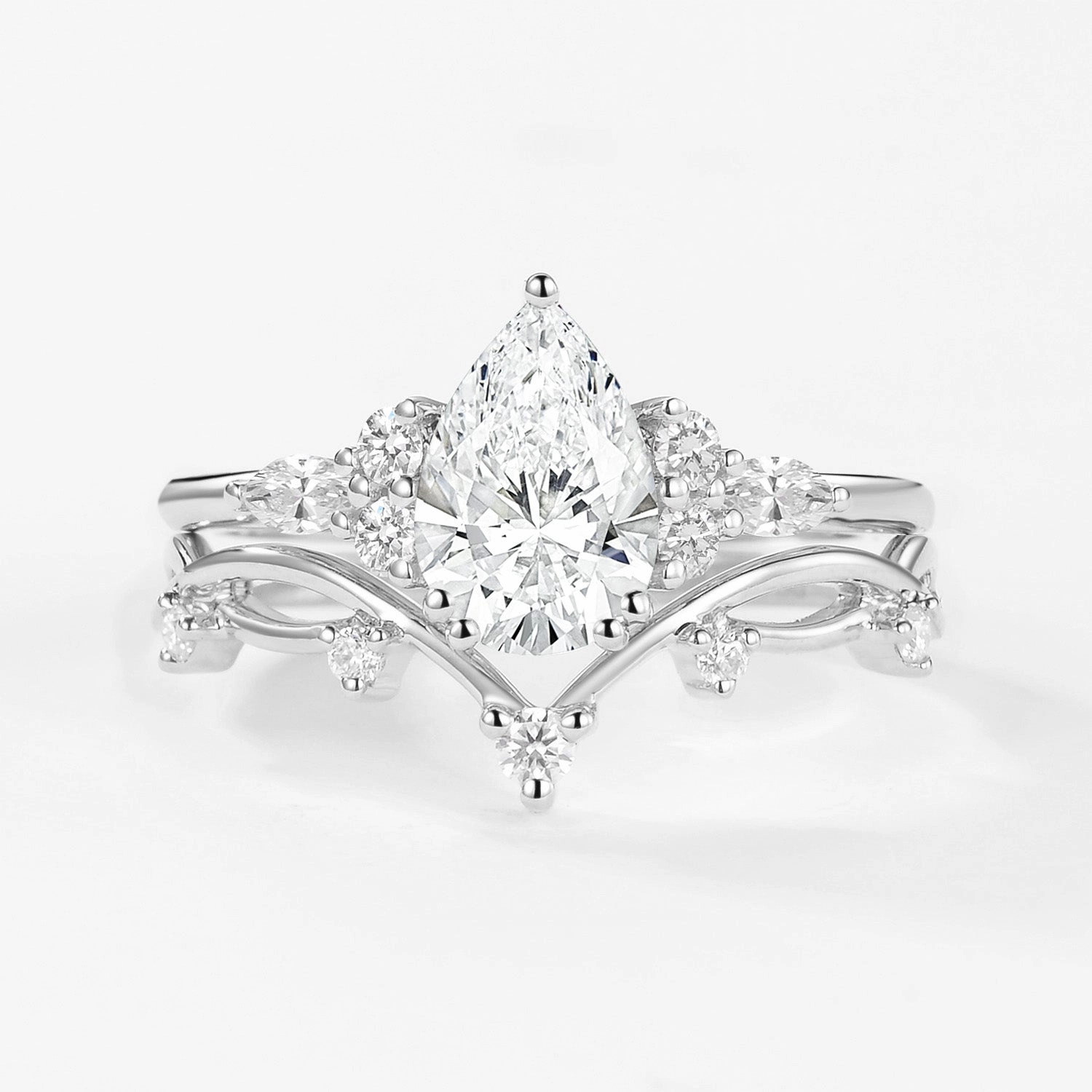 1.0ct Pear Lab Grown Diamond Leafy Ring Set 2pcs - Ona luxury item Amazing Craft