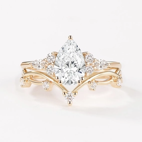 1.0ct Pear Lab Grown Diamond Leafy Ring Set 2pcs - Ona Vintage Jewelry