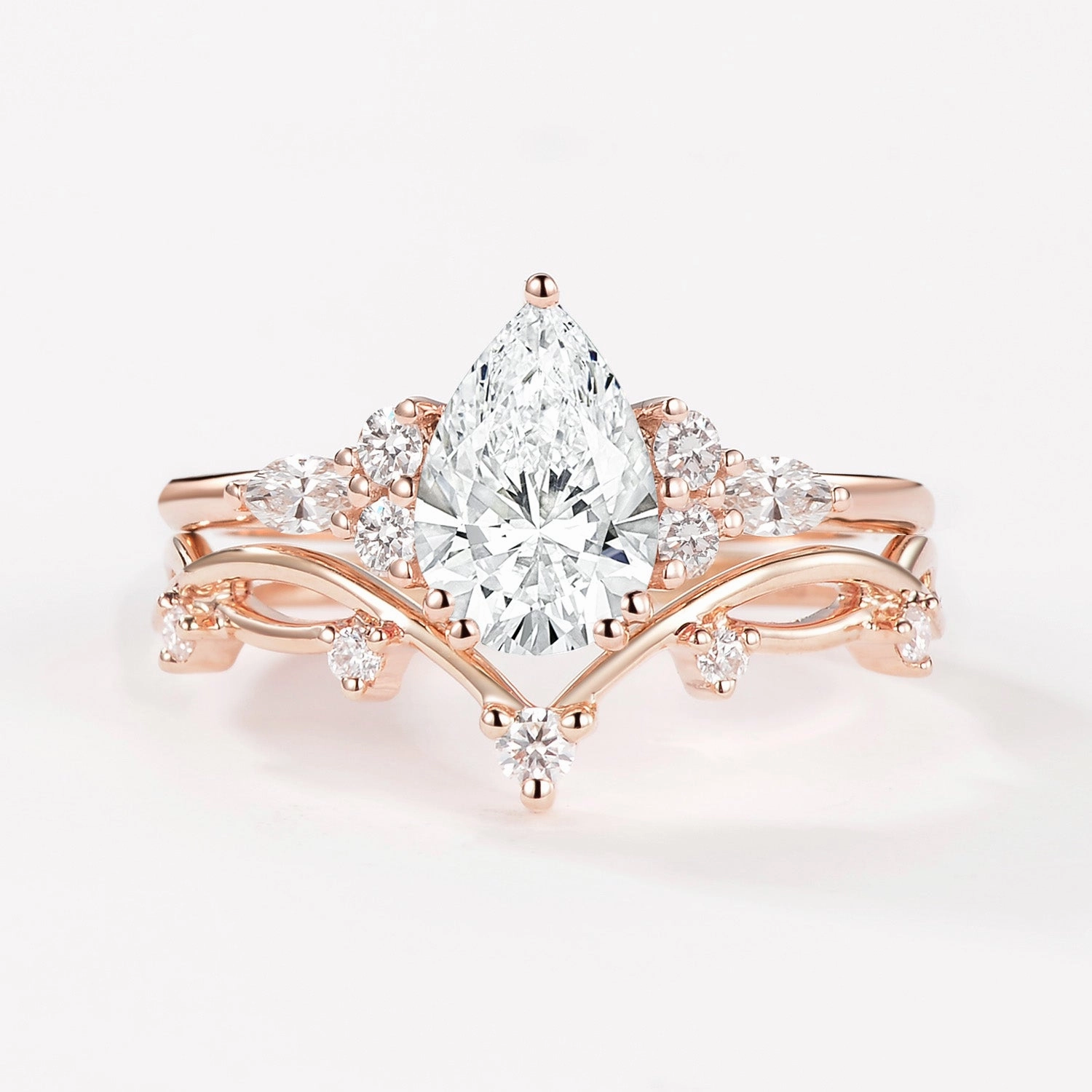 1.0ct Pear Lab Grown Diamond Leafy Ring Set 2pcs - Ona Evening Glamour