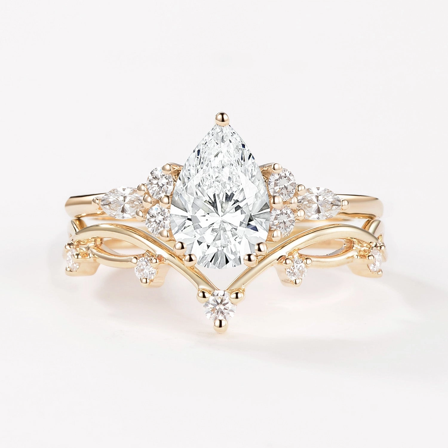 1.0ct Pear Lab Grown Diamond Leafy Ring Set 2pcs - Ona Vintage Jewelry