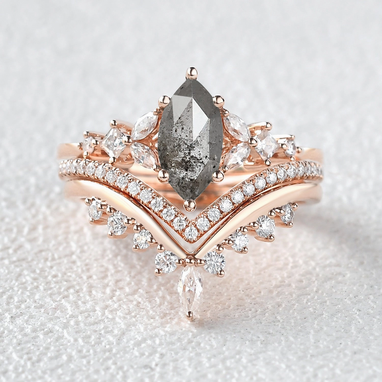 Unique Radiance Radiant Gem Marquise Salt and Pepper Diamond Engagement Ring Set 3pcs