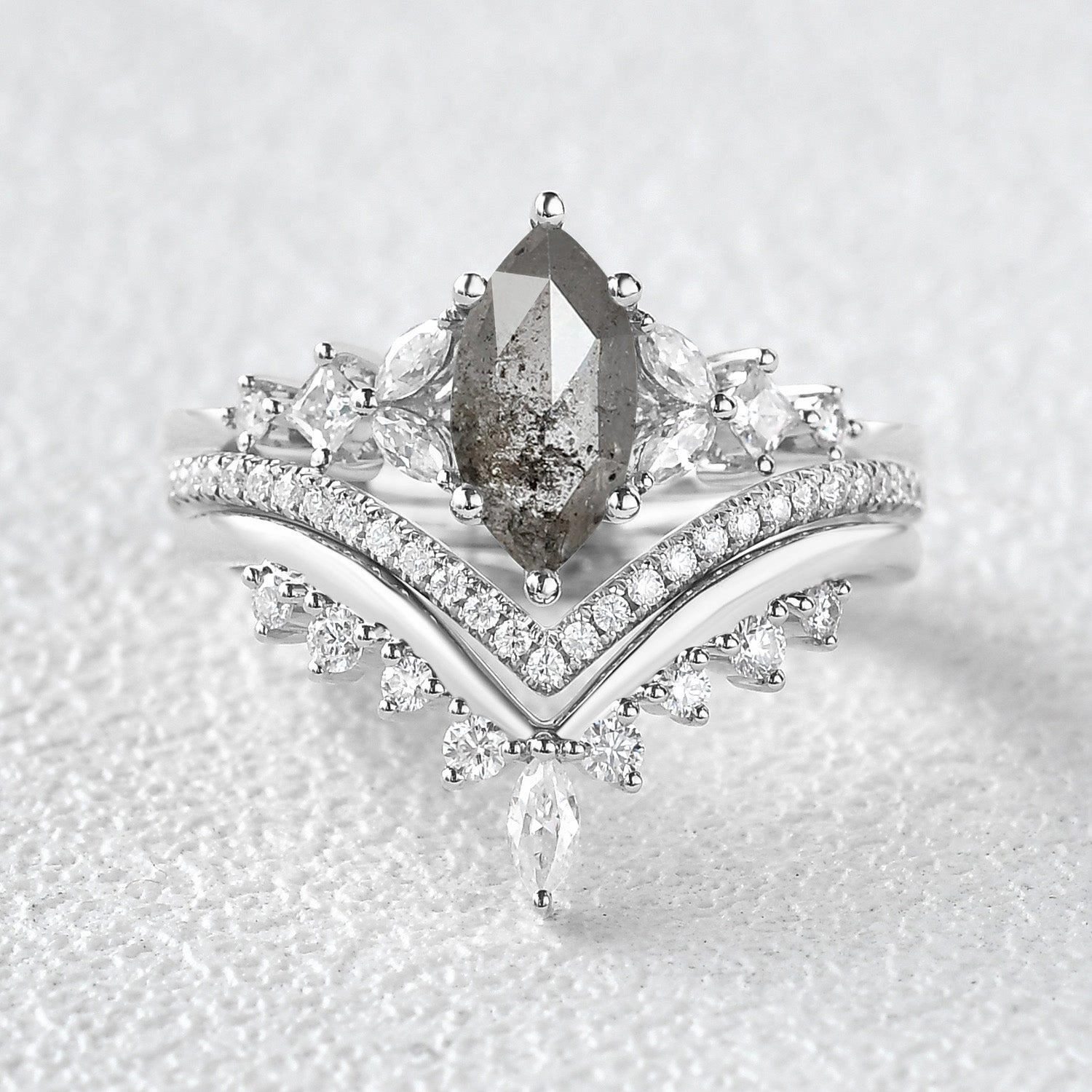 Marquise Salt and Pepper Diamond Engagement Ring Set 3pcs Refined Glance