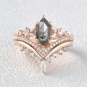 Unique Radiance Radiant Gem Marquise Salt and Pepper Diamond Engagement Ring Set 3pcs