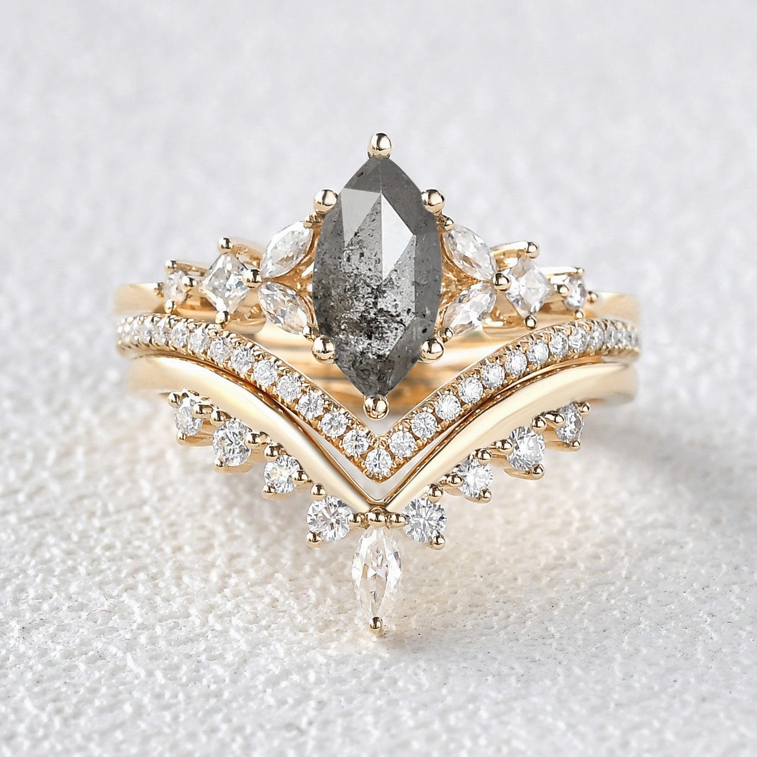 Marquise Salt and Pepper Diamond Engagement Ring Set 3pcs date night look Allure Factor