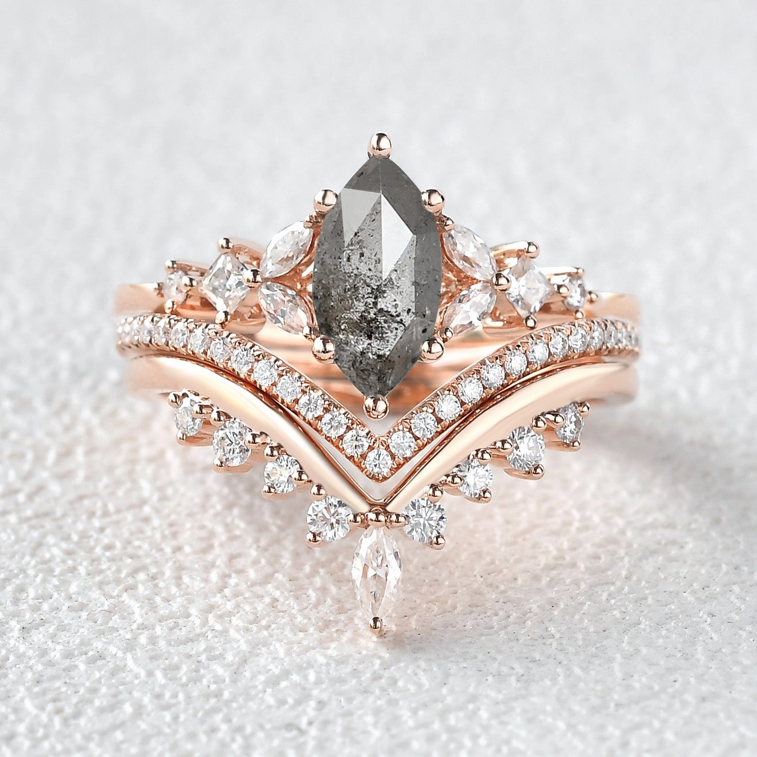 Marquise Salt and Pepper Diamond Engagement Ring Set 3pcs Delicate Sparkle Weekend Ready