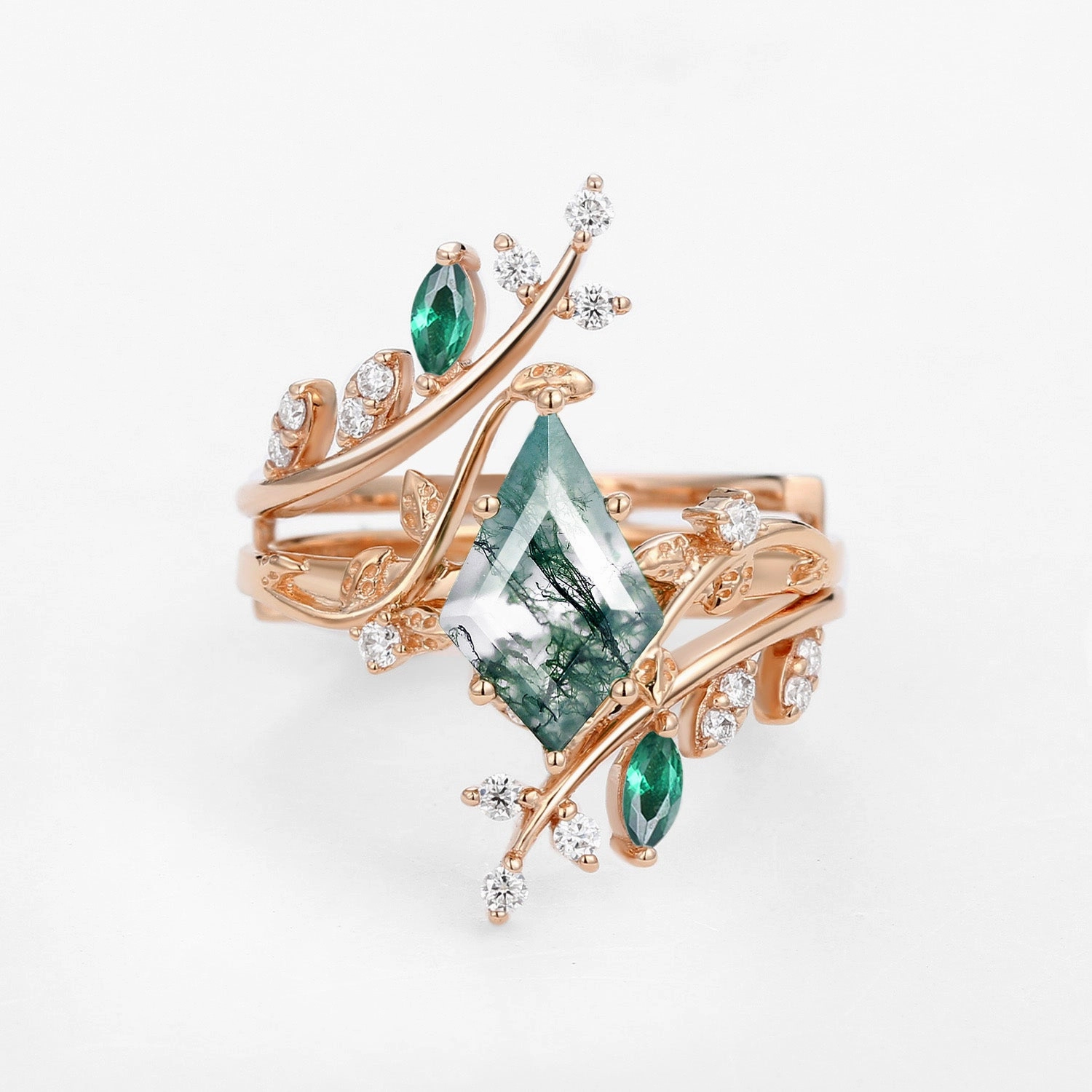 Glamorous Product Nature Inspired - Kite Cut Moss Agate Cage Leafy Couple Ring Set 3pcs - Knight