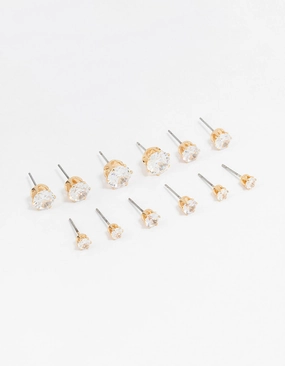Classic Gold Round Cubic Zirconia Earrings 6-Pack Chic Pulse