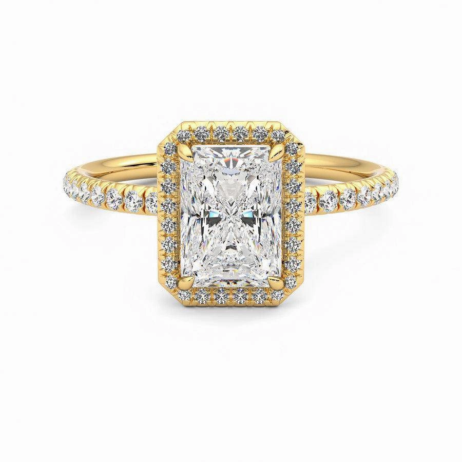 Classic Halo Radiant Cut Moissanite Engagement Ring with Hidden Anniversary Stone Accent Glamorous look