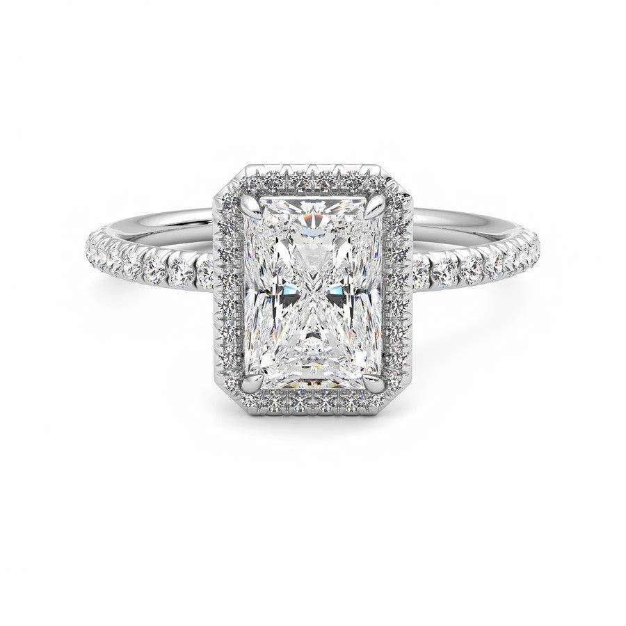 Impressive Feature Classic Halo Radiant Cut Moissanite Engagement Ring with Hidden Anniversary Stone Accent