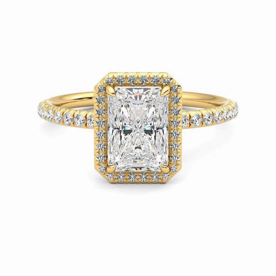 Classic Halo Radiant Cut Moissanite Engagement Ring with Hidden Anniversary Stone Accent Work Ready Crisp Sparkle