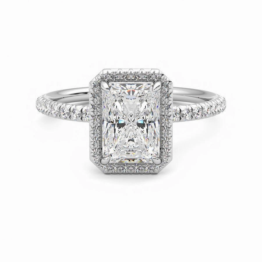 Classic Halo Radiant Cut Moissanite Engagement Ring with Hidden Anniversary Stone Accent Sophisticated Sparkle Radiant Finish Pieces