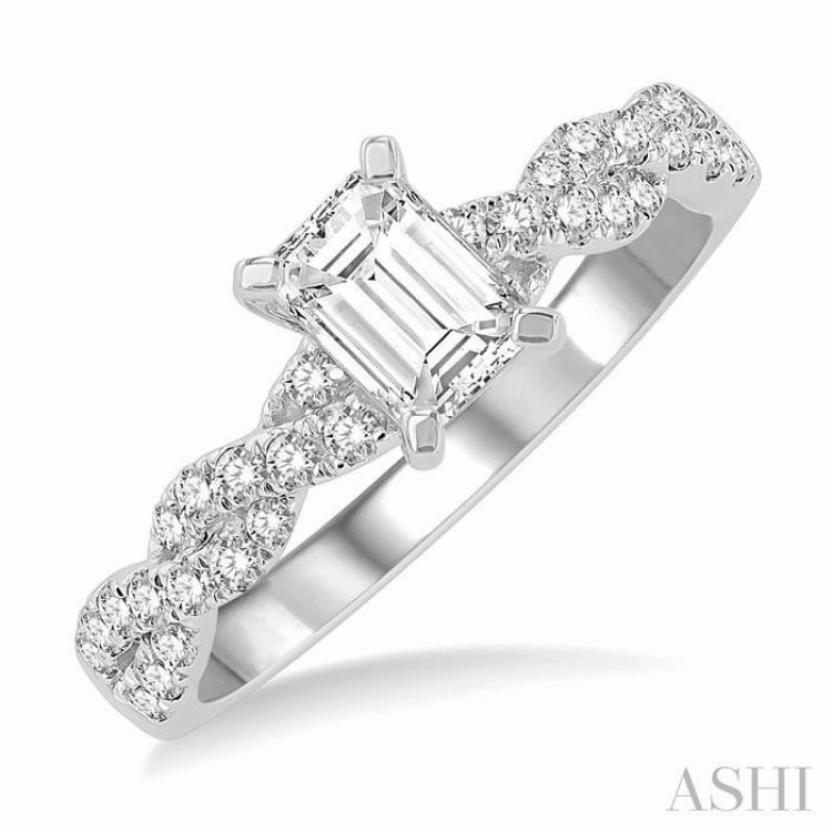 Chic Symbol Immediate Use 7/8 ctw Twisted Shank Round Cut Diamond Engagement Ring With 1/2 ct Emerald Cut Center Stone in 14K White Gold