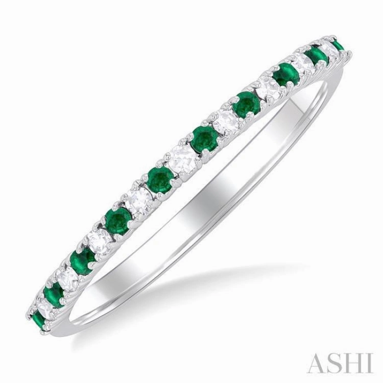 Sparkling Art Crisp Accent 1.35 MM Round Cut Emerald and 1/10 Ctw Petite Round Cut Diamond Precious Stack Band in 10K White Gold