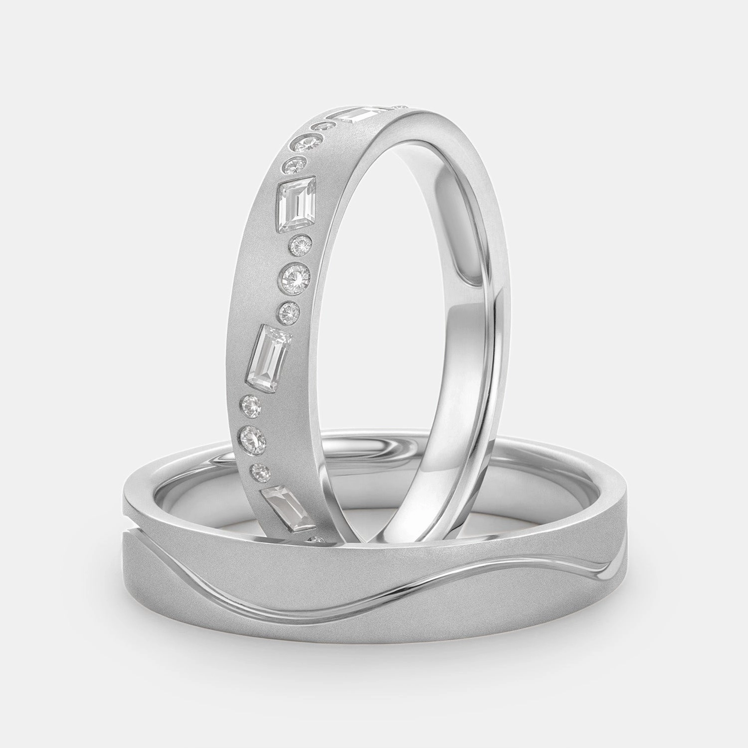 Clean Lines Classic Moissanite Engraved Couple Ring Set 2pcs - Chloe