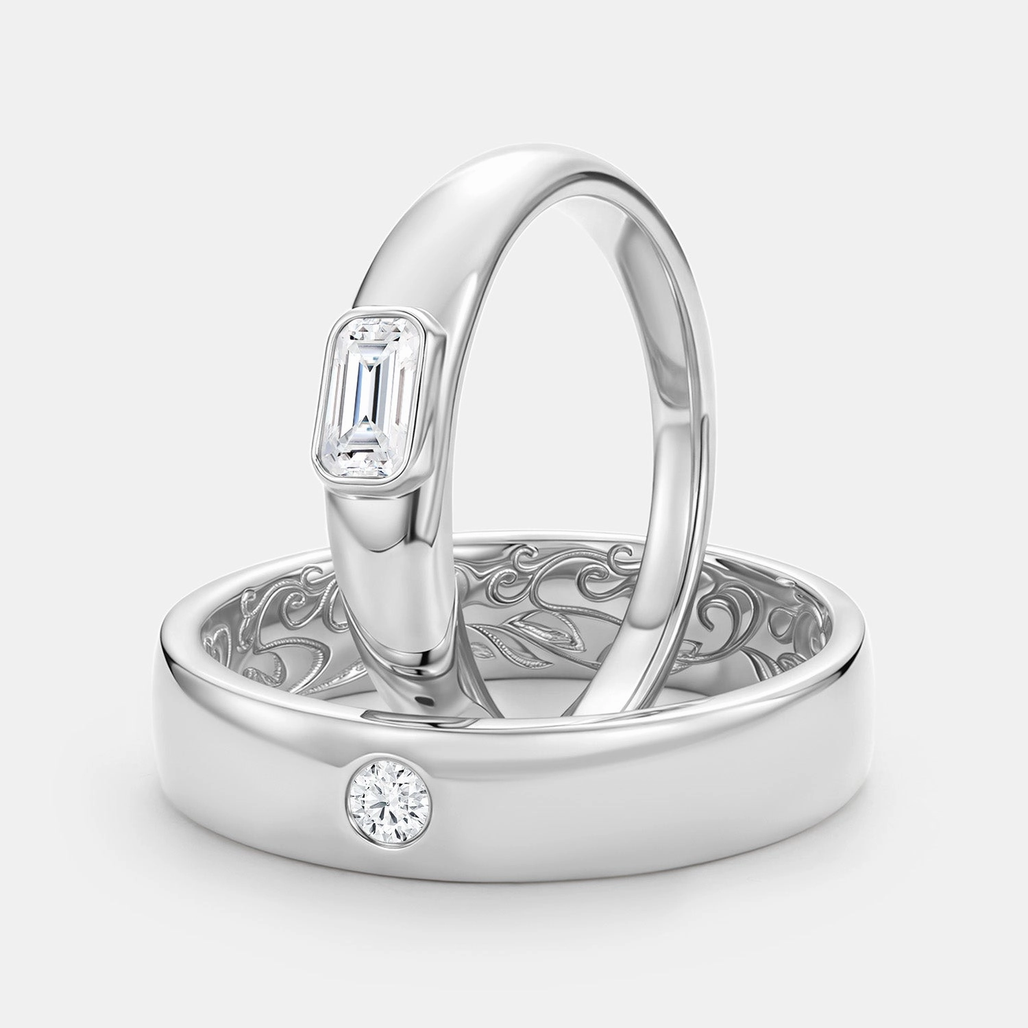 Subtle Glow Classic Pop Classic Moissanite Engraved Couple Ring Set 2pcs - Milo