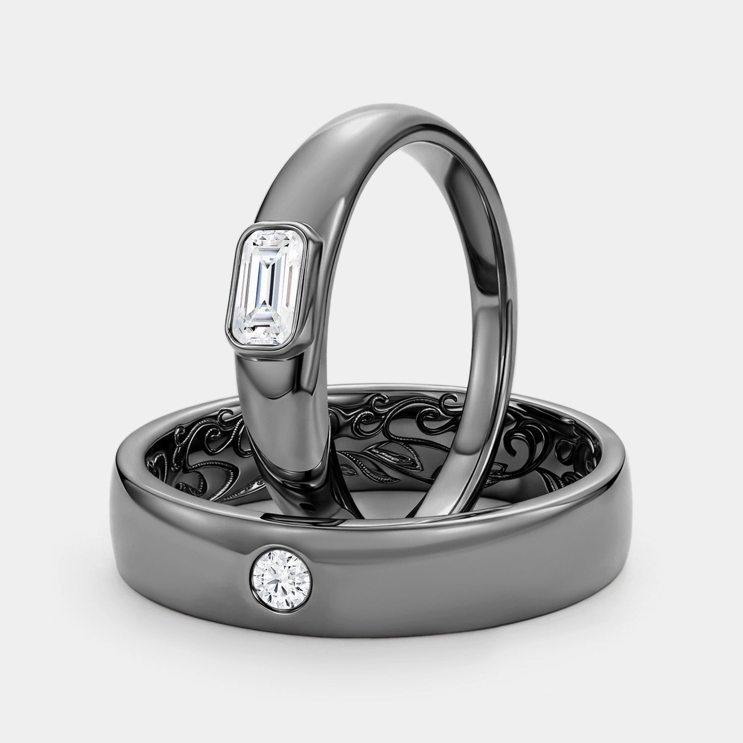 Sparkle Pop Clean Detail Classic Moissanite Engraved Couple Ring Set 2pcs - Milo