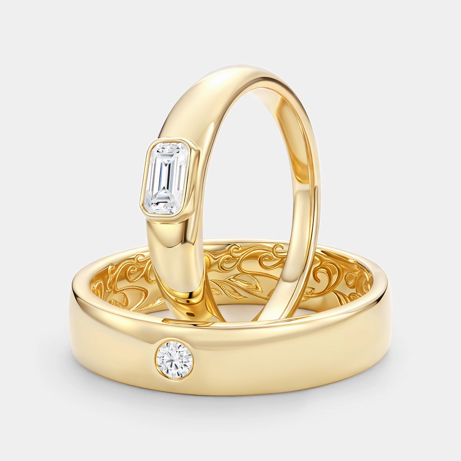 Glow Finish Chic Shape Classic Moissanite Engraved Couple Ring Set 2pcs - Milo