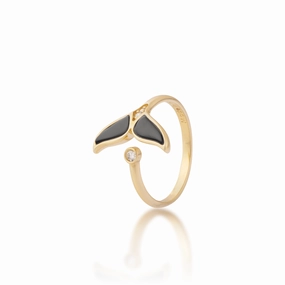 Glamorous Mood Evening Gift Sealife Whale Tail Black Coral Ring in Gold with Diamonds - 15mm