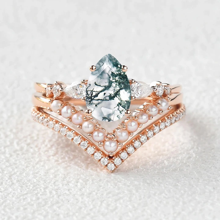 Pear Shaped Moss Agate Pearl Stacking Engagement Ring Set 3pcs Glam Night Look