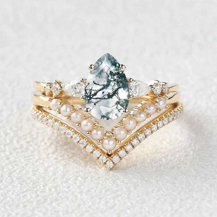 Pear Shaped Moss Agate Pearl Stacking Engagement Ring Set 3pcs Precious Glow