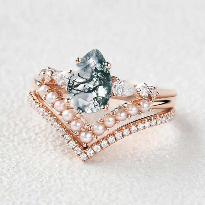 Pear Shaped Moss Agate Pearl Stacking Engagement Ring Set 3pcs Romantic Edge