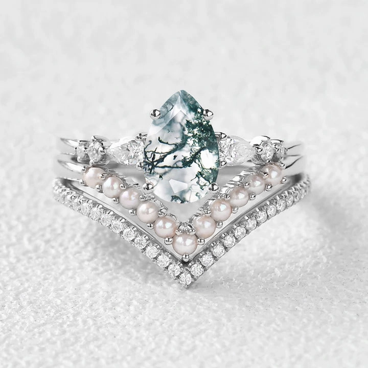 Pear Shaped Moss Agate Pearl Stacking Engagement Ring Set 3pcs Classic Attire