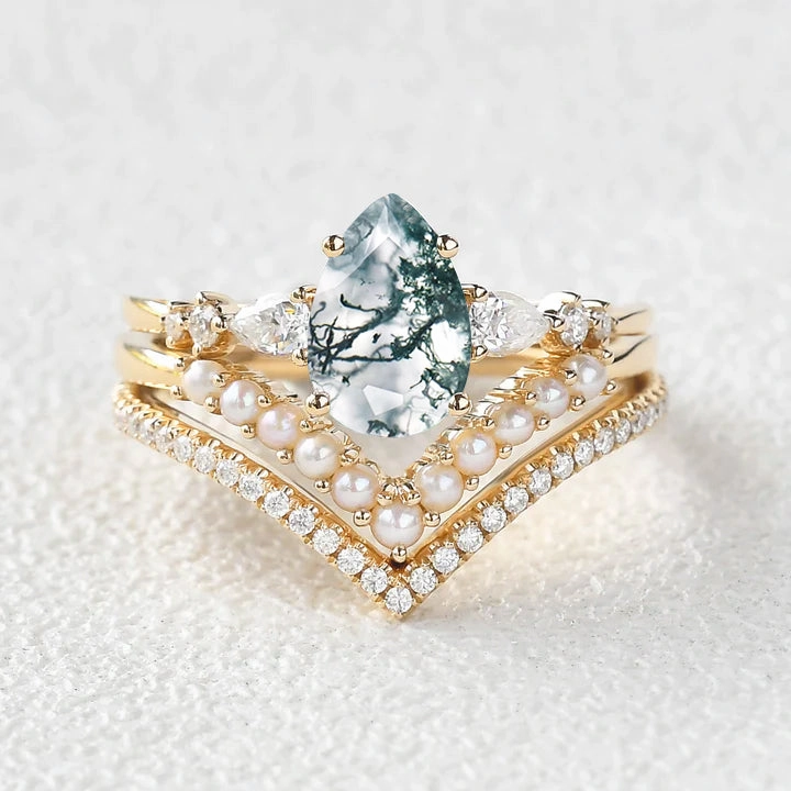 Pear Shaped Moss Agate Pearl Stacking Engagement Ring Set 3pcs Dazzling Charm