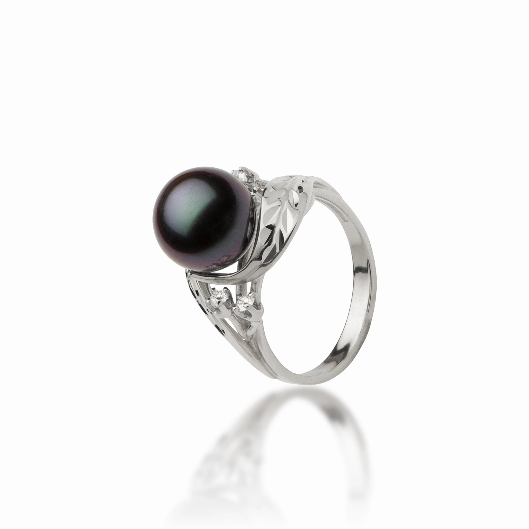 Maile Tahitian Black Pearl Ring in White Gold with Diamonds - 9-10mm Pastel Look