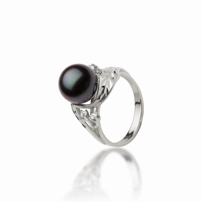 Maile Tahitian Black Pearl Ring in White Gold with Diamonds - 9-10mm Inspired Accent
