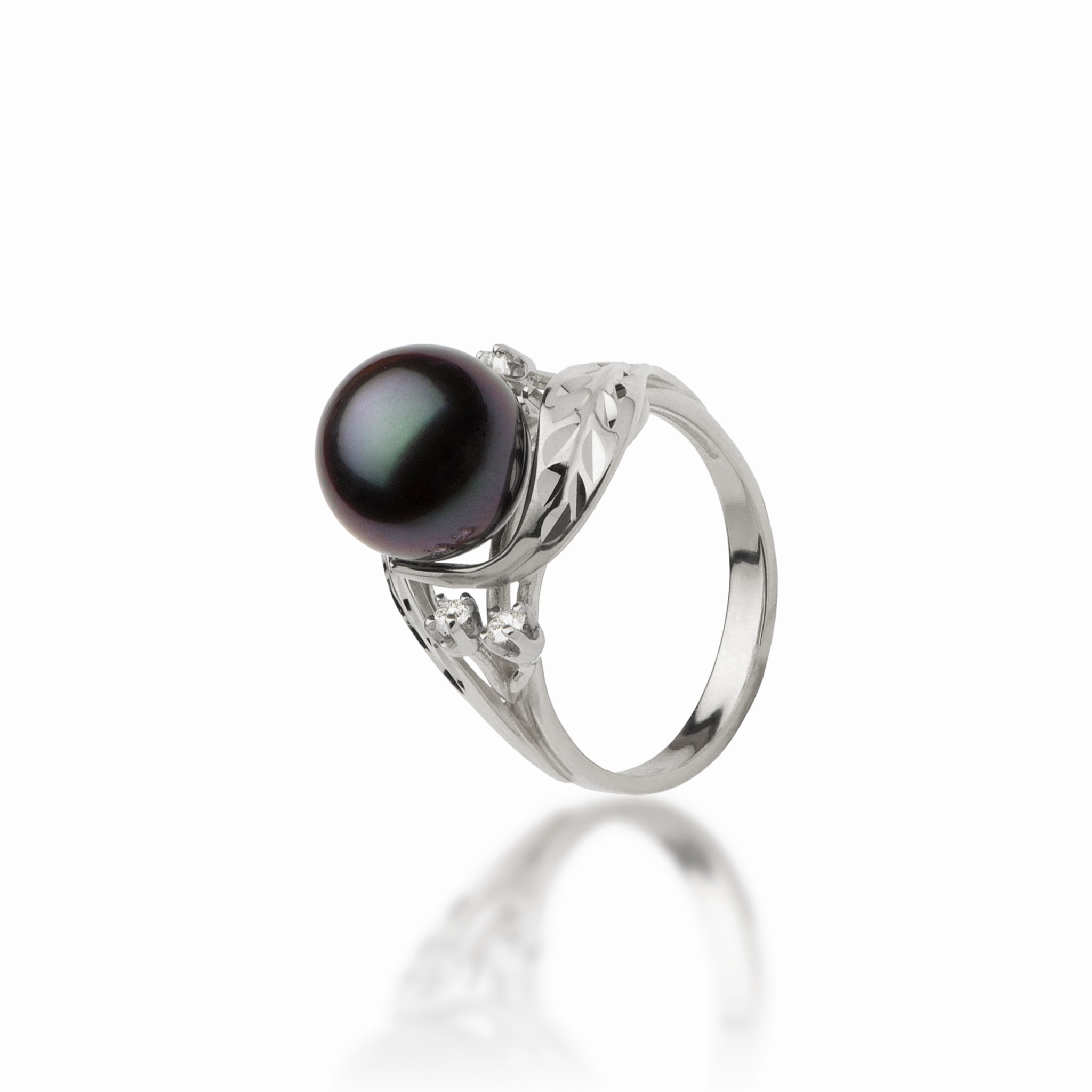 Maile Tahitian Black Pearl Ring in White Gold with Diamonds - 9-10mm Inspired Accent