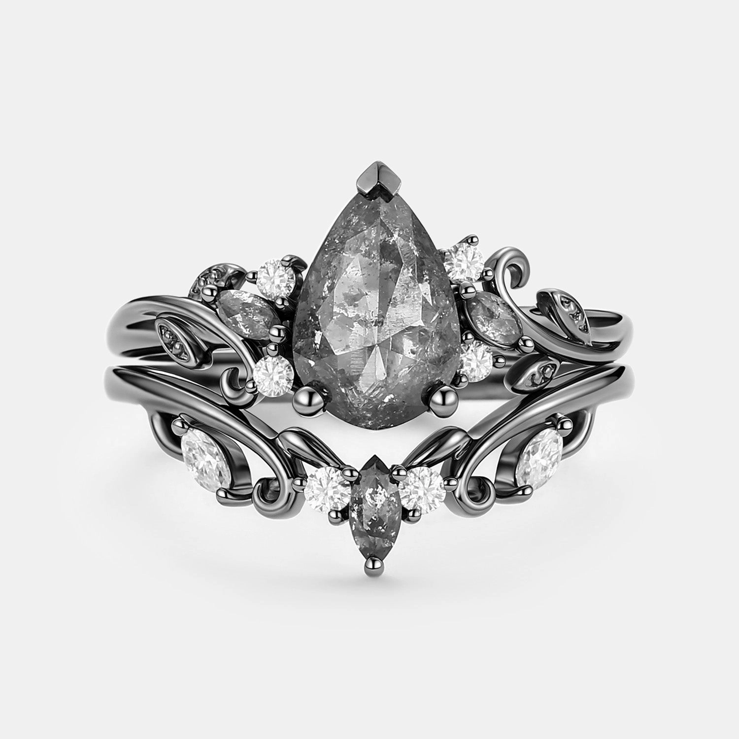 Delicate Expression Pear Cut Leafy Salt and Pepper Diamonds Engagement Ring Sets 2pcs - Pyrrhus