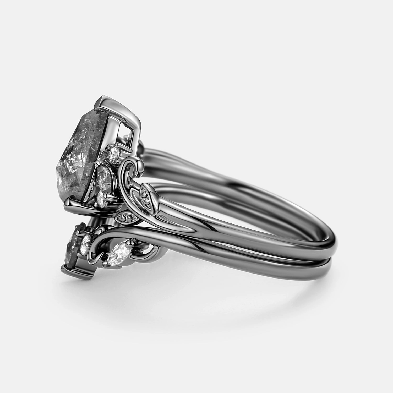 Pear Cut Leafy Salt and Pepper Diamonds Engagement Ring Sets 2pcs - Pyrrhus Amazing Object Work Outfit