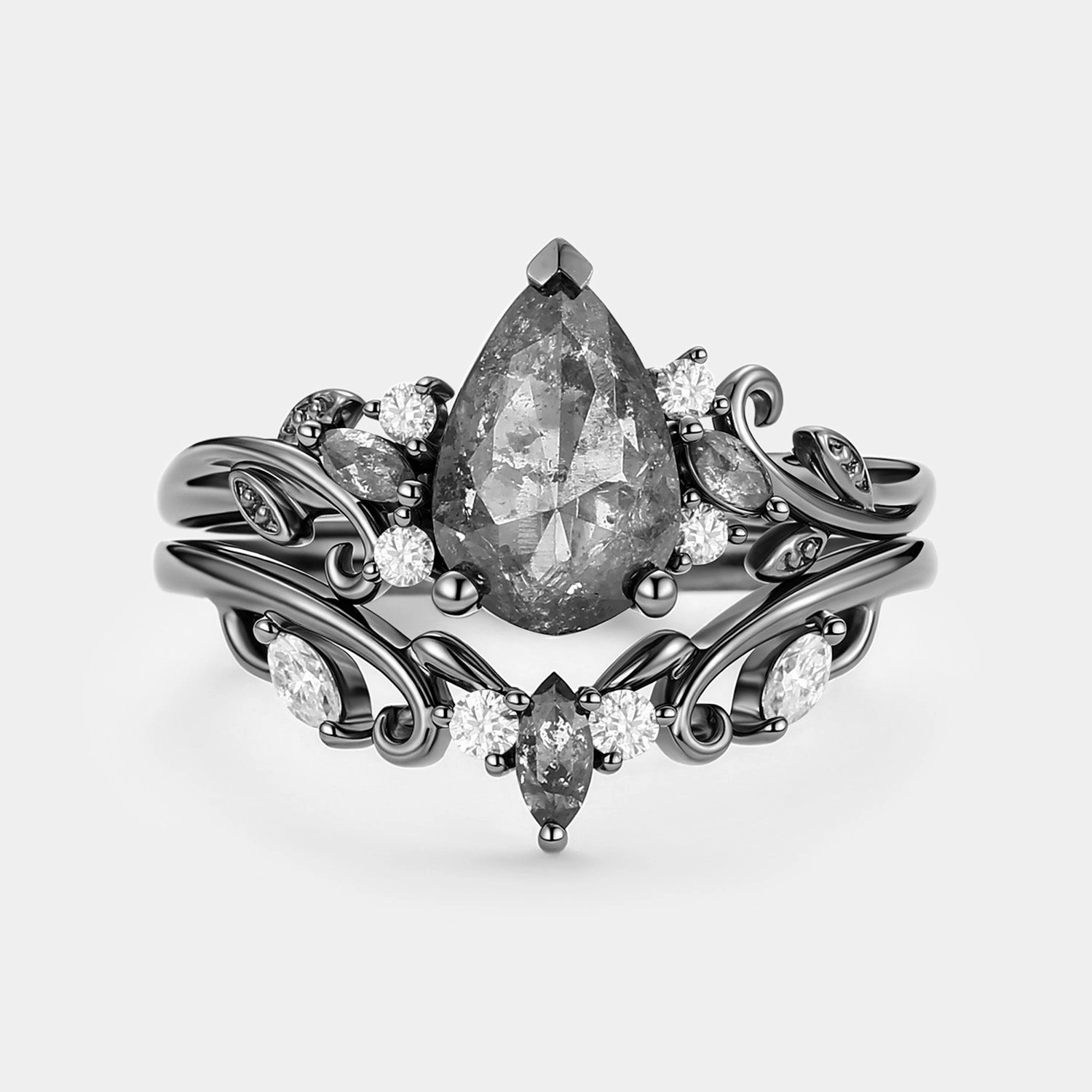 Daily Accent Pear Cut Leafy Salt and Pepper Diamonds Engagement Ring Sets 2pcs - Pyrrhus