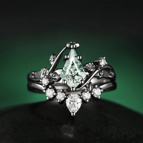 Radiant Gem Black Gold Kite Cut Moss Agate Leafy Bridal Ring Sets 2pcs - Willow