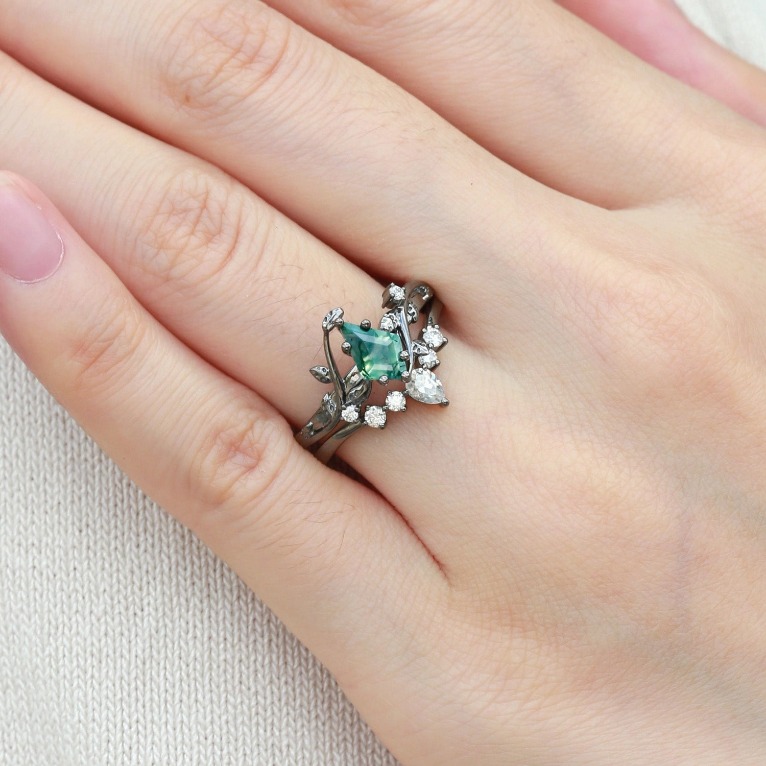 Subtle Sparkle Statement Accent Black Gold Kite Cut Moss Agate Leafy Bridal Ring Sets 2pcs - Willow