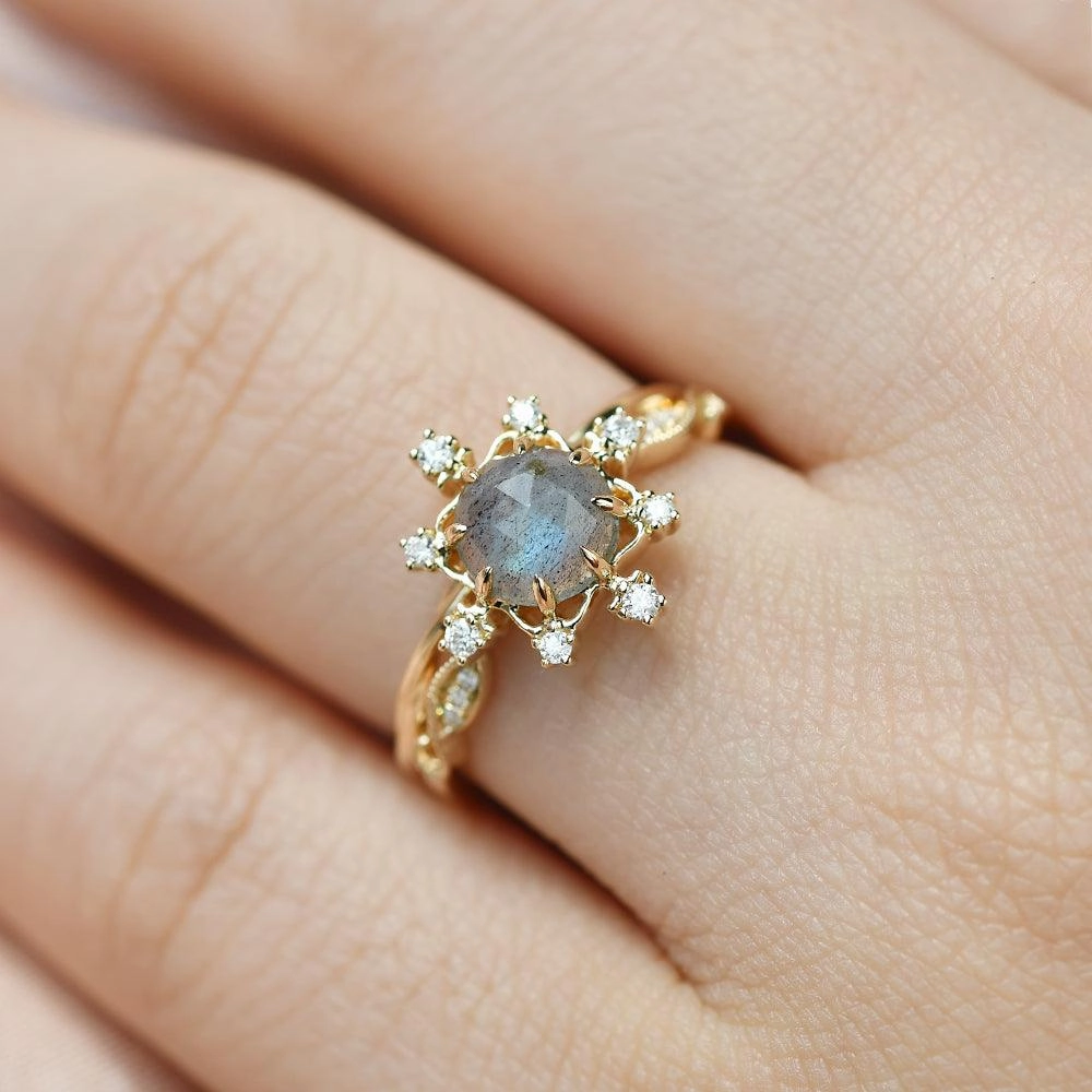 Contemporary Trinket Elegant Statement Round Cut Labradorite Vintage Inspired Ring Set 2pcs