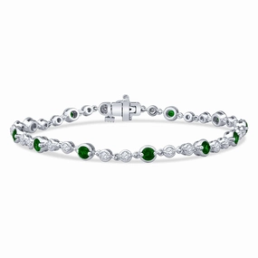 Vintage Style Milgrain Alternating Round Bezel Set Emerald and Diamonds Bracelet Natural Fit Modern Sparkle
