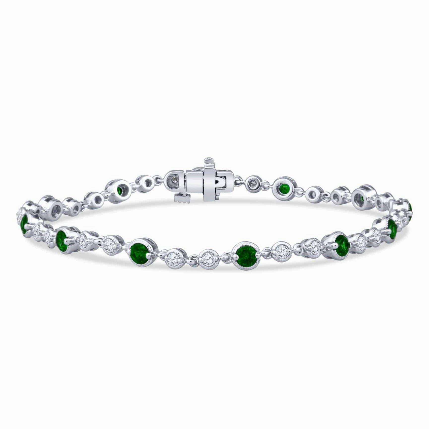 Vintage Style Milgrain Alternating Round Bezel Set Emerald and Diamonds Bracelet Natural Fit Modern Sparkle