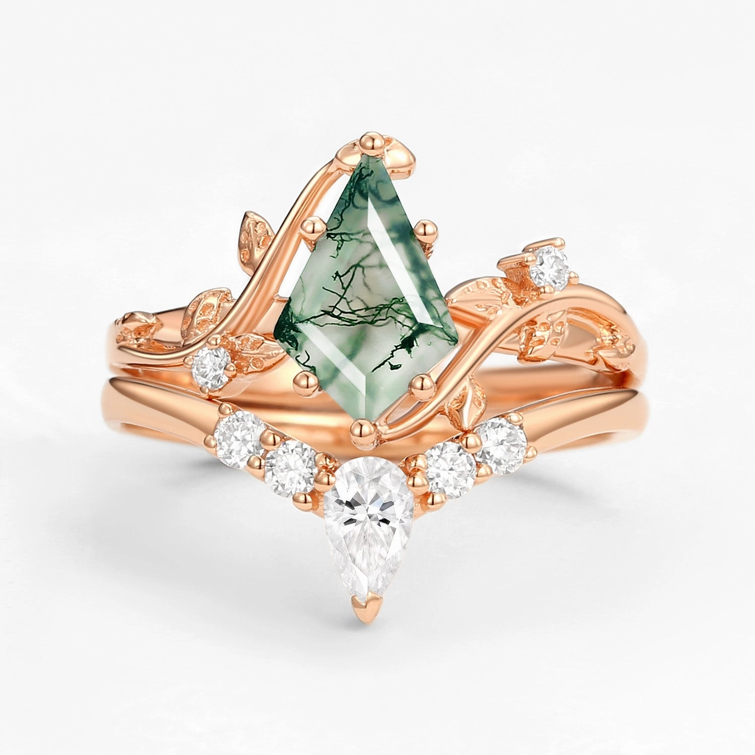 Charming Touch Unique Kite Cut Green Moss Agate Leafy Ring Sets 2pcs