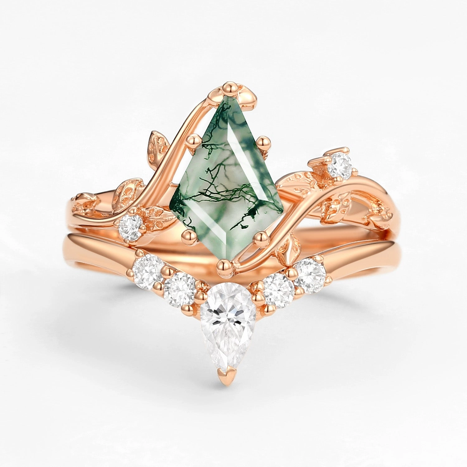 Unique Kite Cut Green Moss Agate Leafy Ring Sets 2pcs Chic Accent Sealed Edge