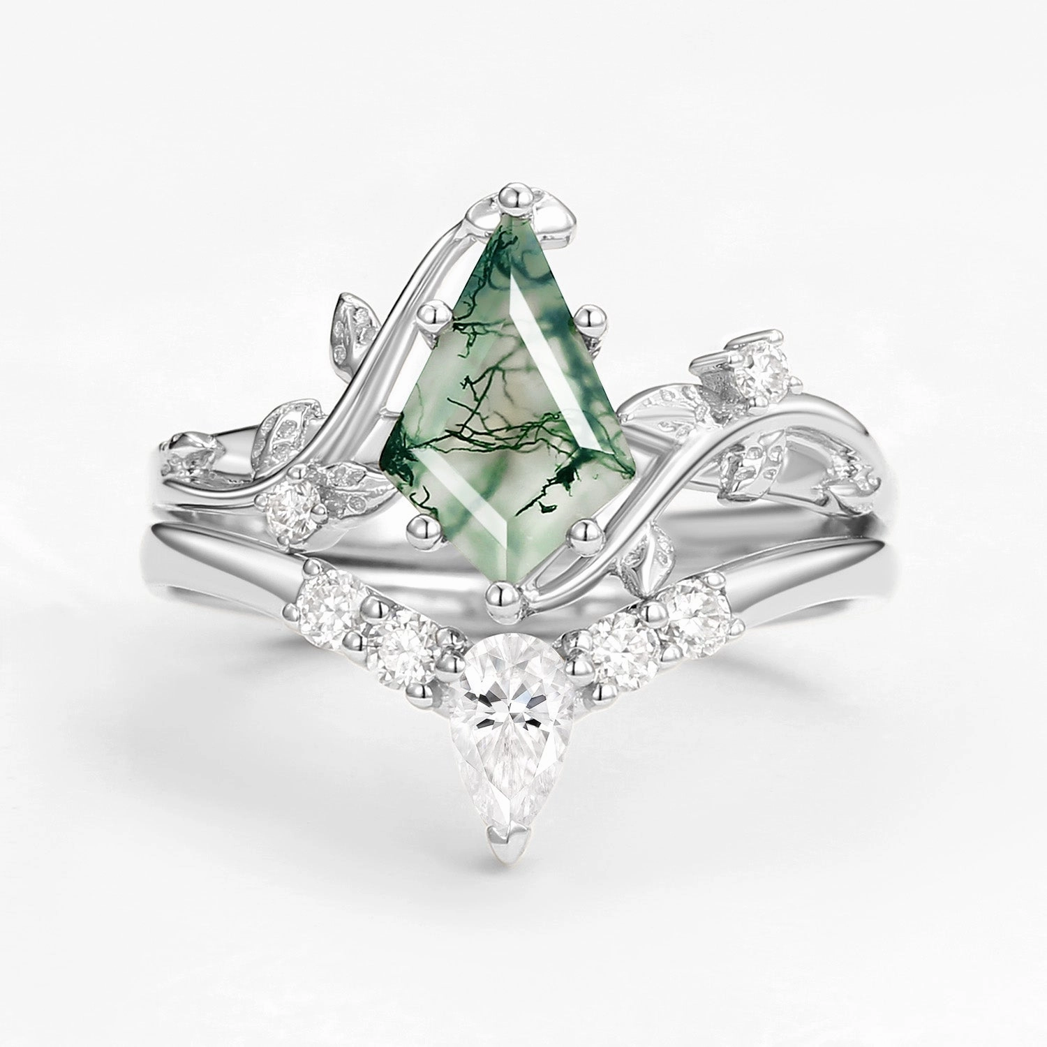 Unique Kite Cut Green Moss Agate Leafy Ring Sets 2pcs Modern Piece Sharp Silhouette