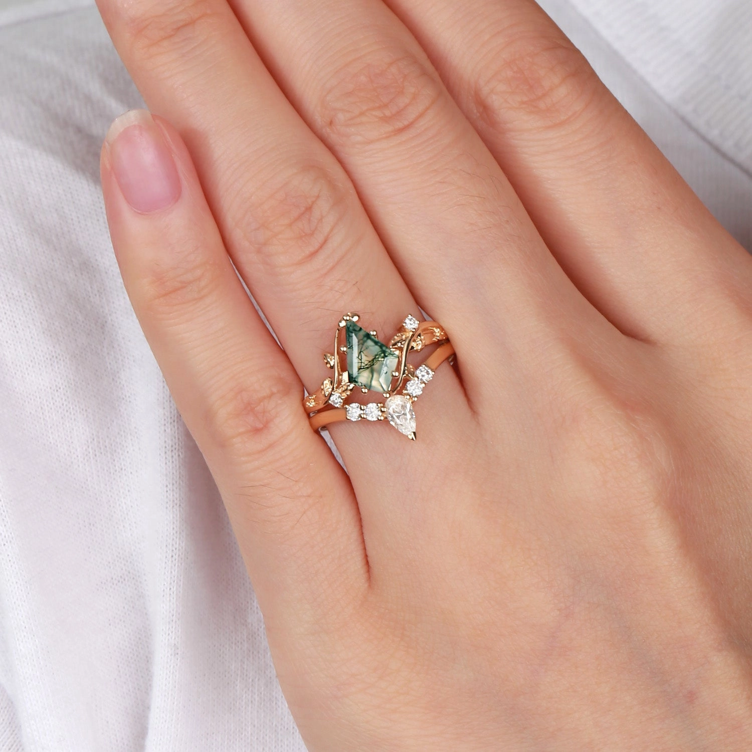 Brilliant Statement Unique Kite Cut Green Moss Agate Leafy Ring Sets 2pcs