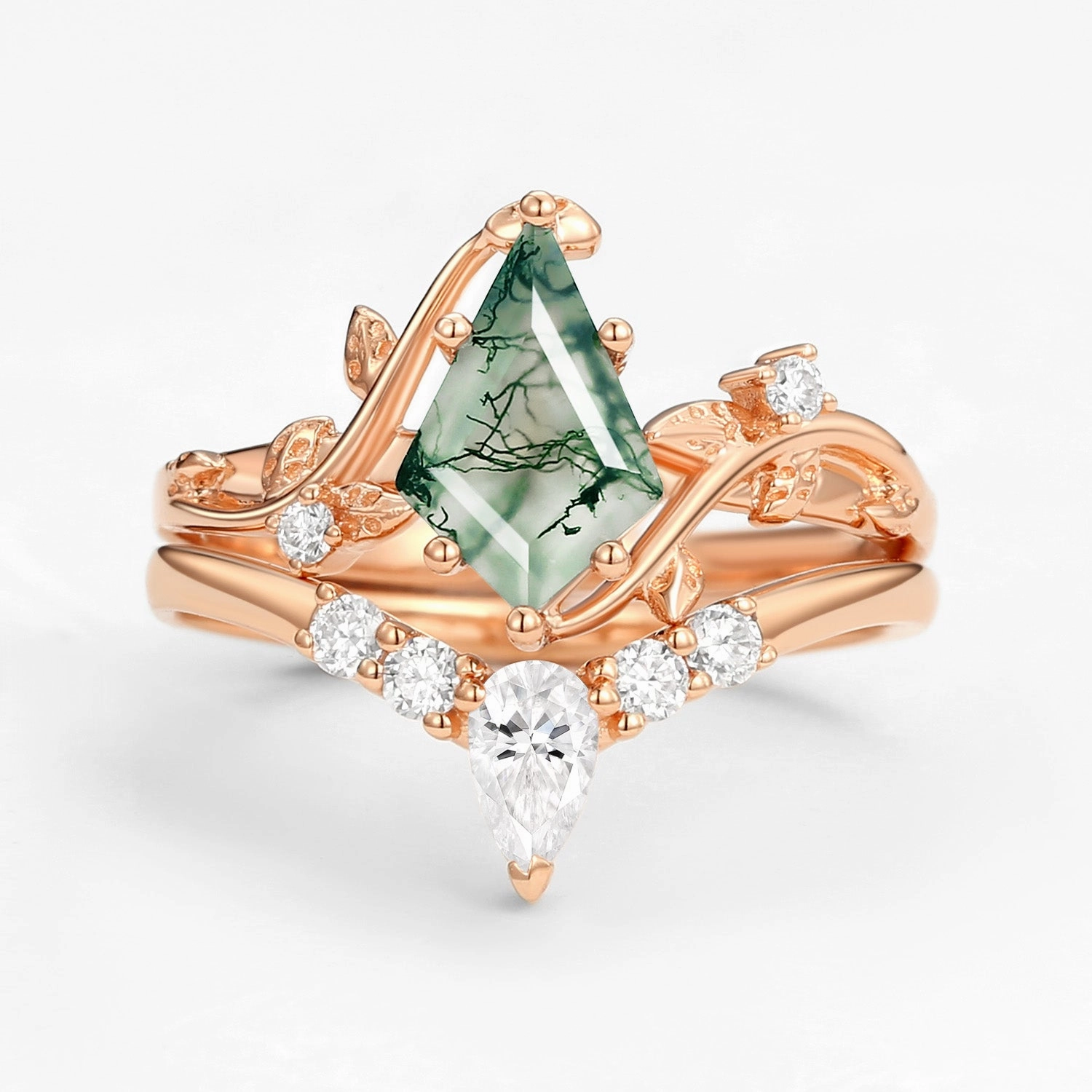 Unique Kite Cut Green Moss Agate Leafy Ring Sets 2pcs Family Crest Designer Product