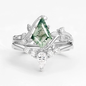 Unique Kite Cut Green Moss Agate Leafy Ring Sets 2pcs Modern Piece Sharp Silhouette