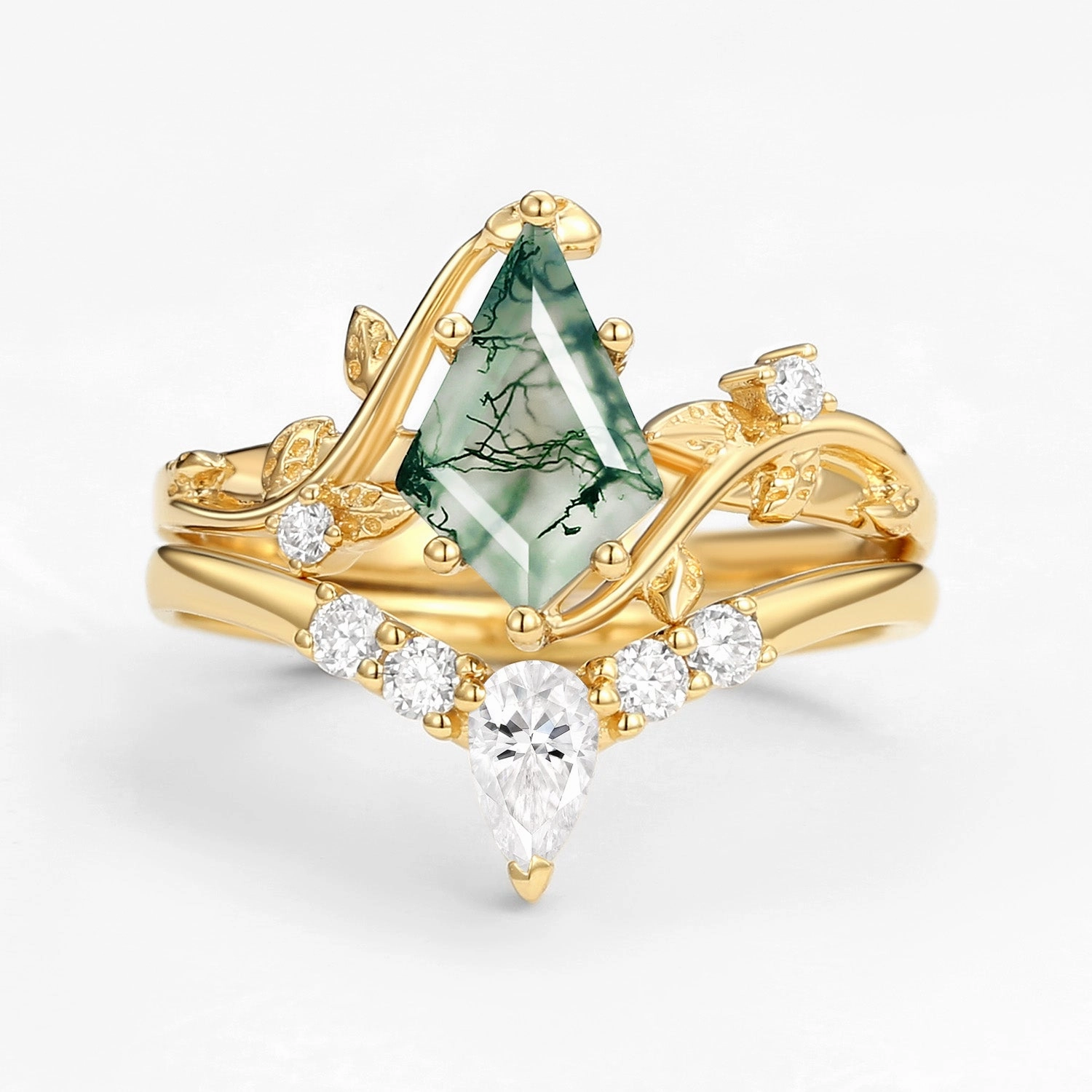 Unique Kite Cut Green Moss Agate Leafy Ring Sets 2pcs Sparkling Piece Trendy Symbol